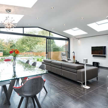 Open plan kitchen/living space extension with slim sliding doors