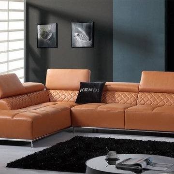 Orange Leather Sectional Sofa with Adjustable Headrests