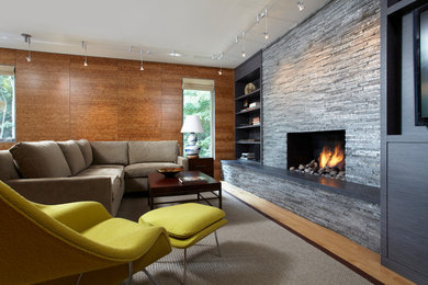 This is an example of a contemporary living room in Minneapolis with a stone fireplace surround and feature lighting.