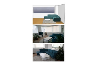 Modelo de salón cerrado moderno de tamaño medio sin chimenea con paredes blancas, suelo de madera clara y televisor independiente