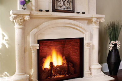ニューヨークにある中くらいな地中海スタイルのおしゃれなリビング (標準型暖炉) の写真