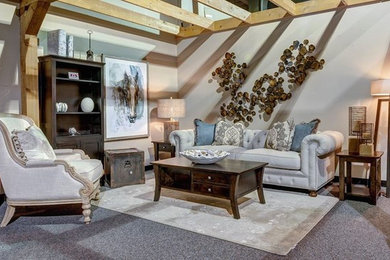 This is an example of a medium sized romantic open plan living room in Calgary with beige walls, carpet and grey floors.