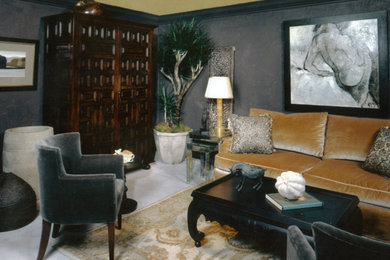 Diseño de salón para visitas cerrado asiático de tamaño medio sin chimenea y televisor con paredes grises, suelo de baldosas de porcelana y suelo gris