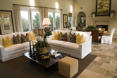 Inspiration for a timeless formal and open concept slate floor and beige floor living room remodel in Phoenix with beige walls, a standard fireplace, a stone fireplace and no tv