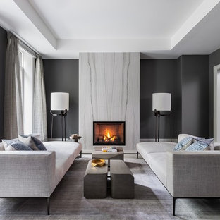 Trendy enclosed light wood floor living room photo in Phoenix with gray walls, a standard fireplace and a stone fireplace