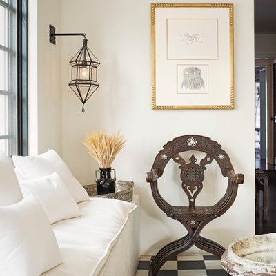 Inspiration for a mid-sized eclectic formal and enclosed vinyl floor living room remodel in Orlando with white walls, no fireplace and no tv