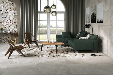 Imagen de salón para visitas abierto industrial de tamaño medio sin chimenea y televisor con paredes grises, suelo de cemento y suelo gris
