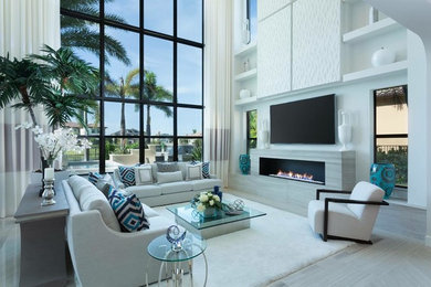 Living room - mid-sized contemporary formal and open concept living room idea in Miami with white walls, a ribbon fireplace, a tile fireplace and a wall-mounted tv