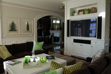 Photo of a large traditional open plan living room in Providence with white walls, dark hardwood flooring, a built-in media unit and a home bar.