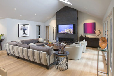 Стильный дизайн: большая изолированная, парадная гостиная комната в стиле неоклассика (современная классика) с белыми стенами, светлым паркетным полом, горизонтальным камином, телевизором на стене и фасадом камина из металла - последний тренд