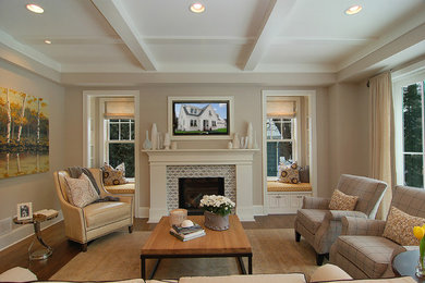 Mid-sized transitional formal and enclosed medium tone wood floor and brown floor living room photo in Minneapolis with gray walls, a standard fireplace, a tile fireplace and a wall-mounted tv