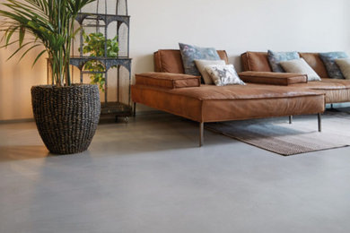 Imagen de salón contemporáneo con suelo de cemento y suelo gris