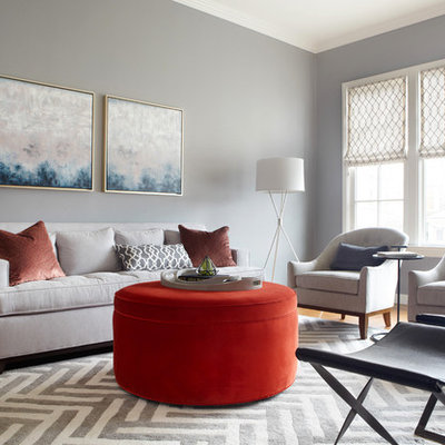 Inspiration for a transitional dark wood floor living room remodel in San Francisco with gray walls, a standard fireplace and a stone fireplace