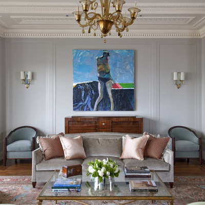 Example of a classic dark wood floor living room design in San Francisco with blue walls