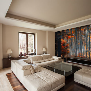 Painting Forest Wall Mural in Large Modern Living Room