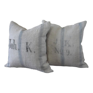 Pair of 19th Century Antique Linen Grain Pillows with Monograms