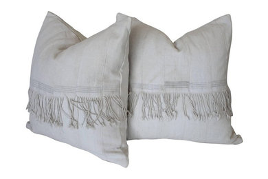 Pair of Creamy White African Mudcloth Pillows with Original Fringe Accents