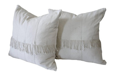 Pair of off White African Mudcloth Pillows with Original Fringe Accents