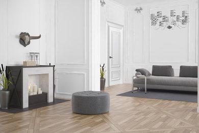 Modelo de salón para visitas abierto contemporáneo de tamaño medio sin televisor con paredes blancas, suelo de madera clara y suelo marrón