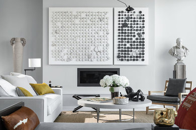 Large trendy open concept white floor living room photo in Chicago with gray walls and a ribbon fireplace