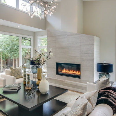 Inspiration for a large contemporary formal and enclosed light wood floor and beige floor living room remodel in San Francisco with beige walls, a tile fireplace, a ribbon fireplace and no tv