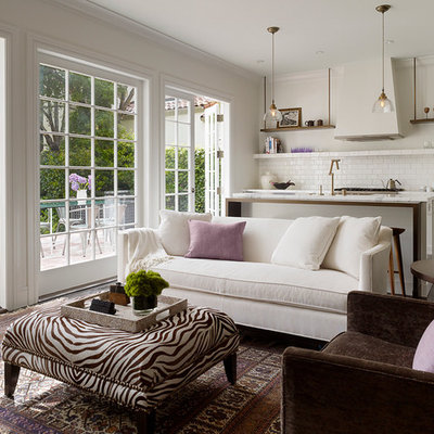 Transitional open concept living room photo in San Francisco with white walls