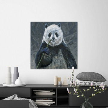 "Panda with Bamboo" Painting Print on Wrapped Canvas
