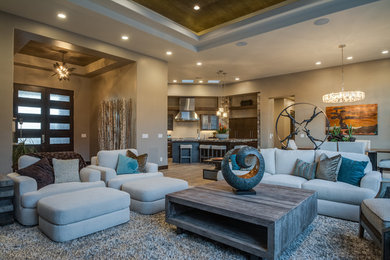 Inspiration for a transitional open concept porcelain tile living room remodel in Salt Lake City with a wall-mounted tv