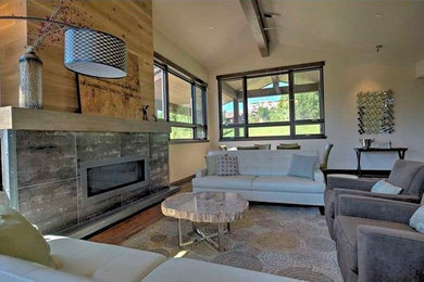 Living room - mid-sized open concept living room idea in Denver with a tile fireplace