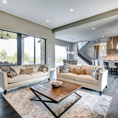 Inspiration for a mid-sized transitional open concept dark wood floor living room remodel in Austin with gray walls and no fireplace
