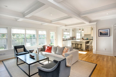 Inspiration for a mid-sized transitional open concept light wood floor living room remodel in New York with white walls