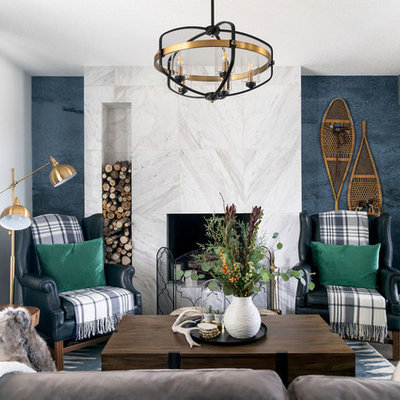 Mid-sized transitional formal and open concept dark wood floor and brown floor living room photo in Calgary with white walls, no tv, a standard fireplace and a stone fireplace