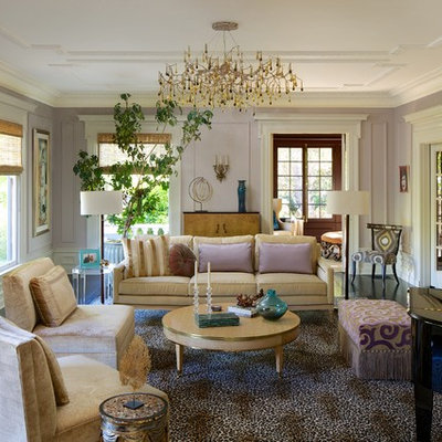 Example of a huge eclectic enclosed dark wood floor living room design in Los Angeles with a music area, purple walls, a standard fireplace, no tv and a stone fireplace