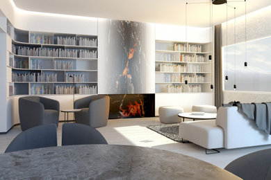 Small modern enclosed living room in London with a reading nook, grey walls, light hardwood flooring, no tv and a drop ceiling.