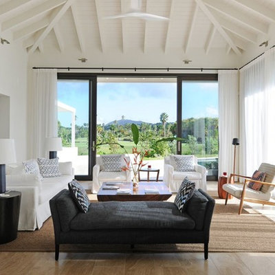 Living room - large tropical open concept medium tone wood floor living room idea in Denver with white walls
