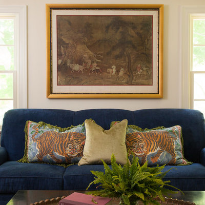 Example of a classic formal and enclosed living room design in Boston with white walls