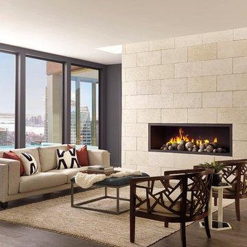 Penthouse Living Room With City Panorama and Modern White Stone Fireplace