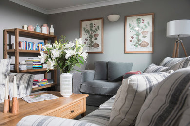 Idee per un soggiorno stile marinaro con pareti grigie e moquette