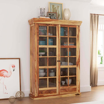 Peoria Rustic Solid Wood Glass Door Large Storage Cabinet