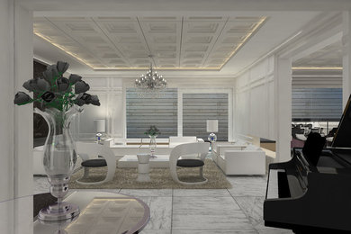 Idee per un ampio soggiorno moderno aperto con sala formale, pareti bianche, pavimento in marmo, TV nascosta e pavimento bianco