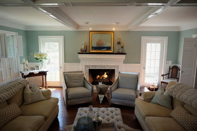 Example of a large transitional formal and enclosed dark wood floor and brown floor living room design in Other with gray walls, a standard fireplace, a tile fireplace and no tv