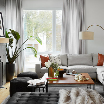 Large trendy formal light wood floor living room photo in Chicago with white walls, a standard fireplace and a tile fireplace