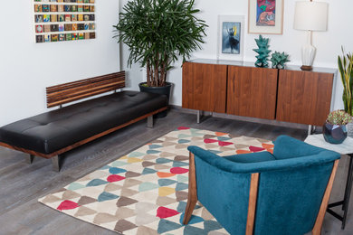 Imagen de salón contemporáneo de tamaño medio con paredes blancas y suelo de madera pintada