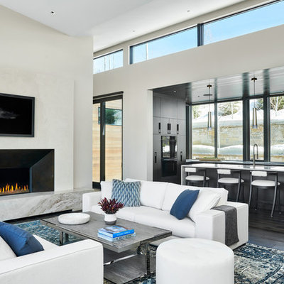 Living room - mid-sized contemporary open concept dark wood floor and brown floor living room idea in Denver with white walls, a standard fireplace, a plaster fireplace and no tv