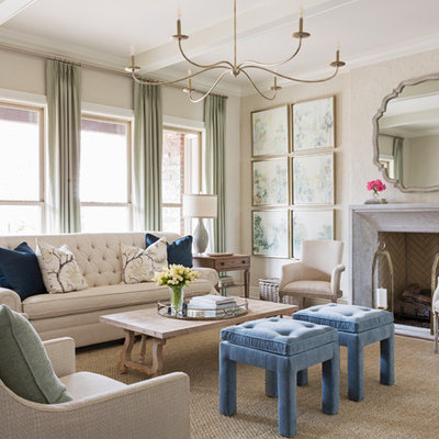 Living room - traditional formal medium tone wood floor living room idea in Little Rock with beige walls, a standard fireplace, a stone fireplace and no tv