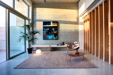 Example of a trendy concrete floor living room design in Other