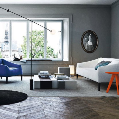 Large trendy open concept medium tone wood floor living room photo in Sydney with gray walls