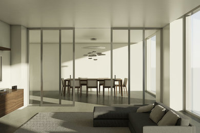 Imagen de salón abierto escandinavo grande con paredes blancas y televisor colgado en la pared