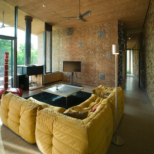 Living room - modern living room idea in Phoenix with a two-sided fireplace and a tv stand