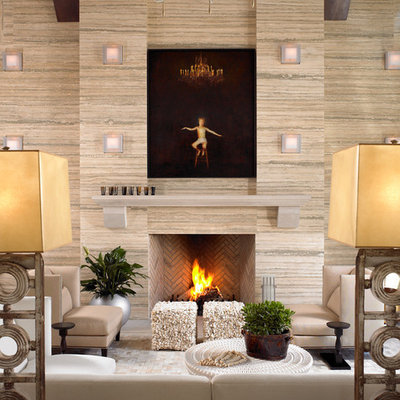 Example of a trendy living room design in Nashville with beige walls and a standard fireplace